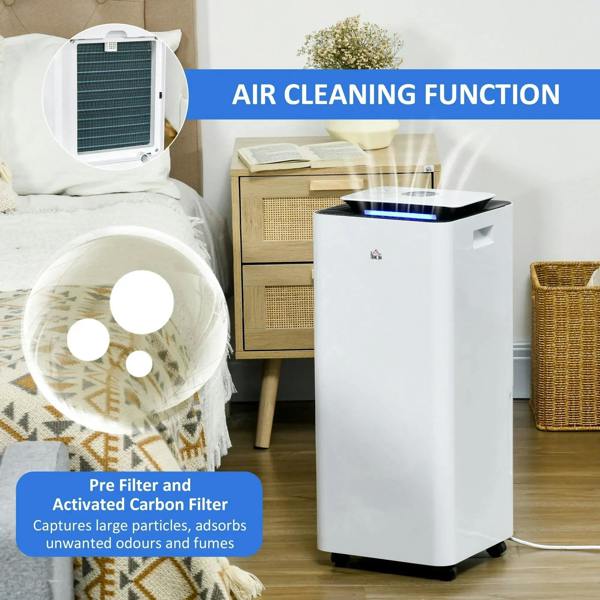 White portable dehumidifier with air purifier; front intake grille and air filter area