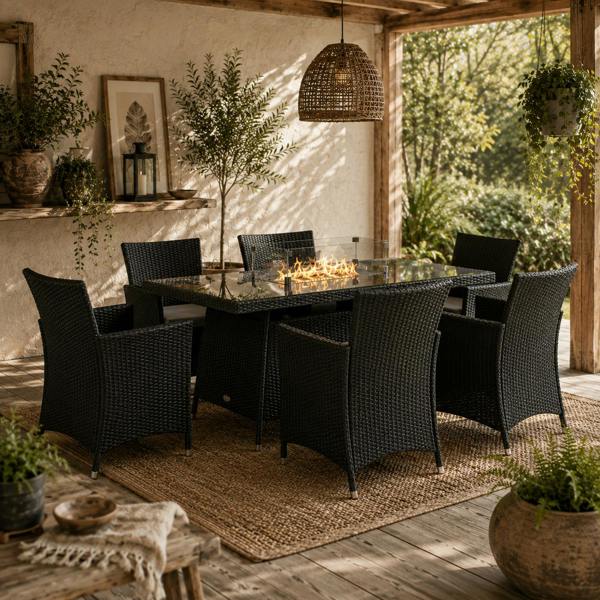 Wyld Haus Lemadi Rattan Black 6 Seater Outdoor Dining Set With Fire Pit Table