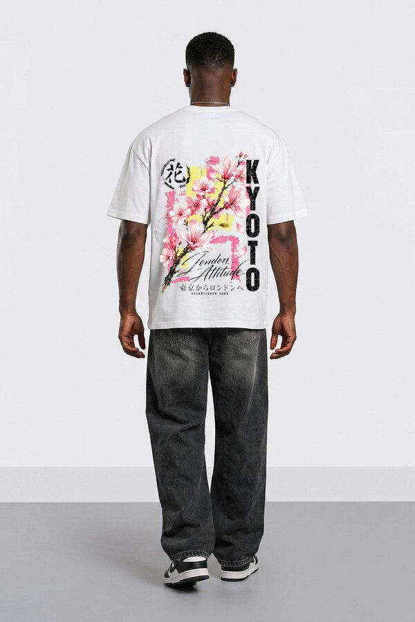 London Attitude Japanese Blossom Oversized Heavyweight T-Shirt in White