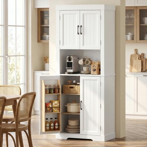 HOMCOM 183 cm Tall Kitchen Cupboard with Door Racks, Kitchen Cabinet, White