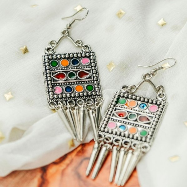 The Colourful Aura Oxidised Colourful Enamel Square Indian Boho  Drop Ethnic Asian Indian Earrings