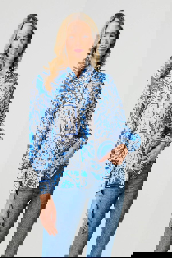 Blue | Mosaic Print Puff Sleeve Shirt
