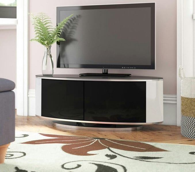 MDA Designs LUNA Gloss Black Oval Cabinet with White Profiles and Black BeamThru Glass Doors Suitable for Flat Screen TVs up to 50"