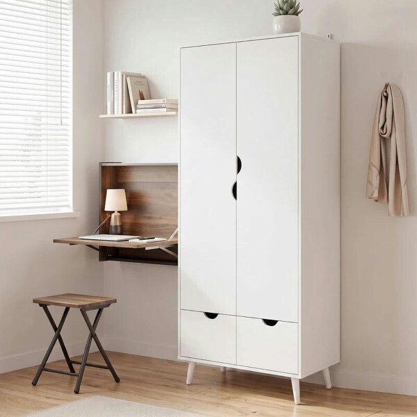 Elegant Home Storage Organisation Furniture, 2-Door Clothes Wardrobe with 2 Drawers, Wood Feet, White