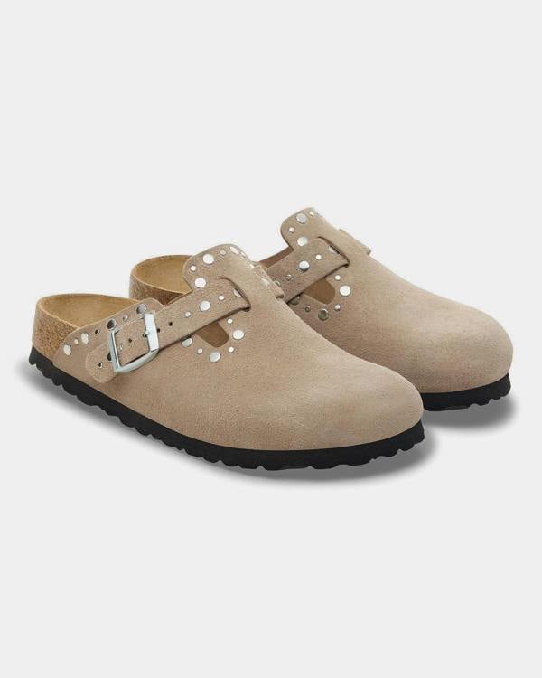 Birkenstock Boston Rivet Suede Leather Womens Clogs - Taupe | CHO | Designer Womens Clogs