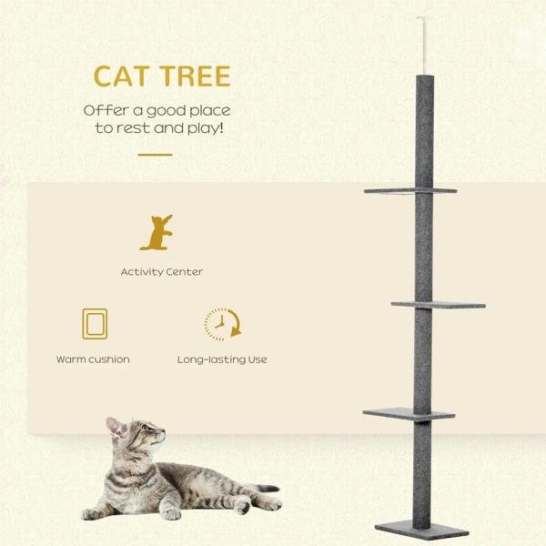 Grey carpet cat tree tower with multiple platforms; lounging cat beside the post