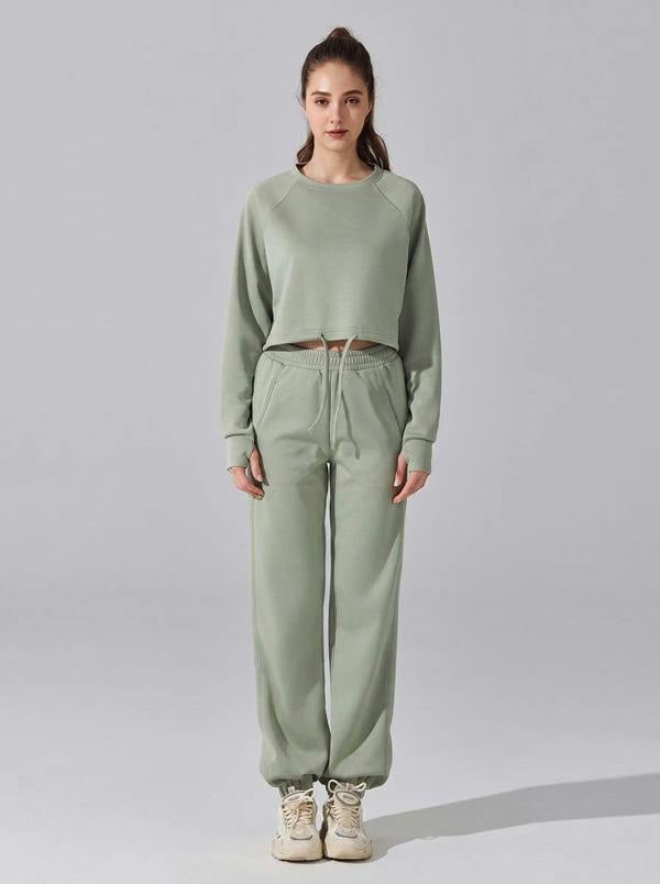 Anniou Women's Cropped Drawstring Sweat Set - Matcha Green