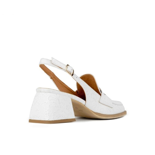 Embassy London Diana - Wedding White Women's 2.4 inch block heel sling backs in white floral emboss leather