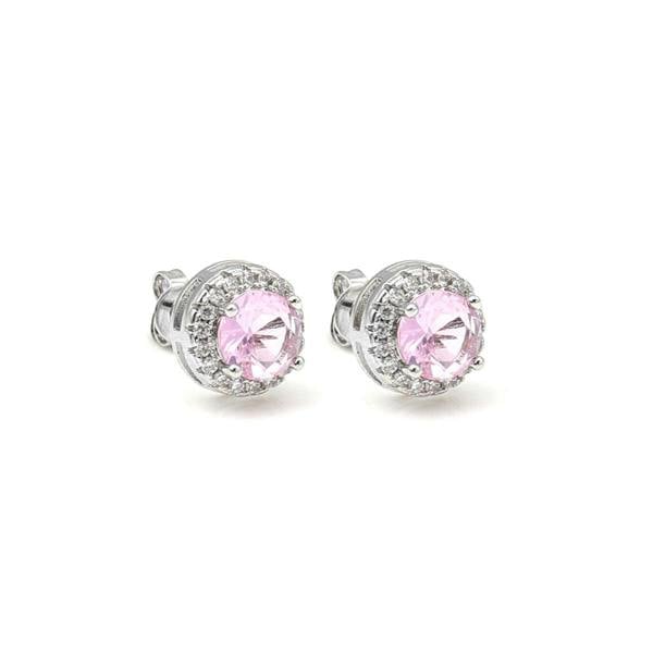 Say It With Pink Round Stone Halo Earrings - Silver