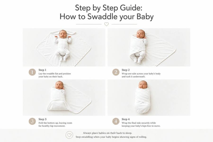 Step-by-step infographic showing how to safely swaddle a newborn using Prima Cotton’s Organic Baby Swaddle for Sensitive Skin made from 100% GOTS-certified organic Egyptian cotton.