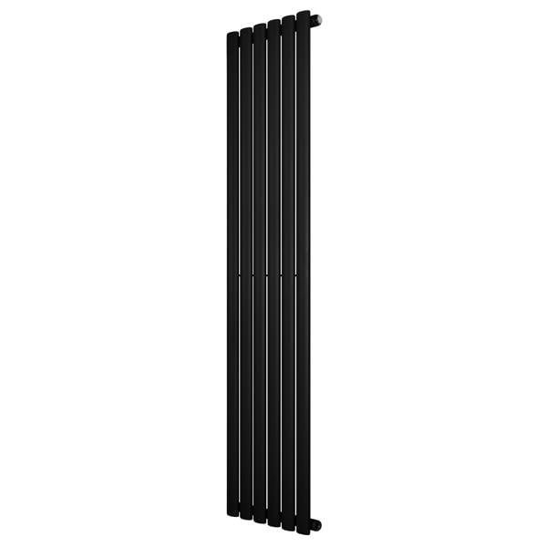 Sleek black oval single column radiator, 1600 x 360mm, featuring a modern design with smooth, matte finish and vertical slats