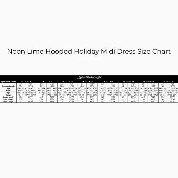 Neon Lime Hooded Holiday Midi Dress Size Chart