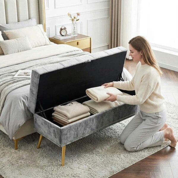 Storage Ottoman, Chenille Upholstered Ottoman Storage Box with Padded Seat, Metal Legs, 114 x 41 x 45 cm, Grey