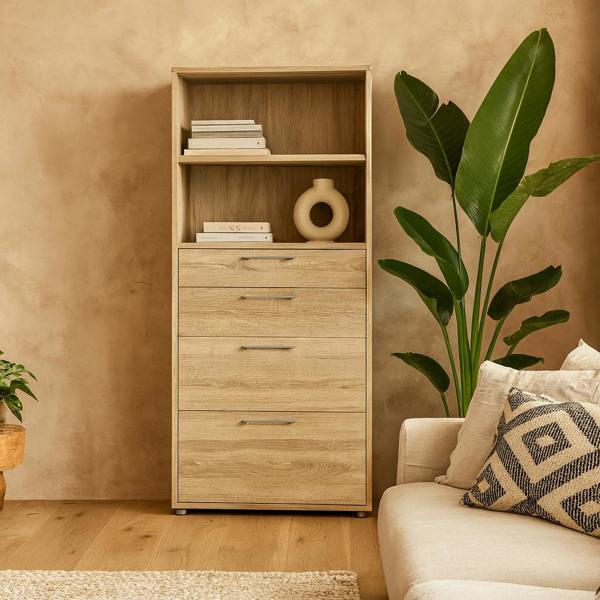 Wyld Haus Dris Natural Oak Wood Effect Bookcase 1 Shelf 4 Drawers