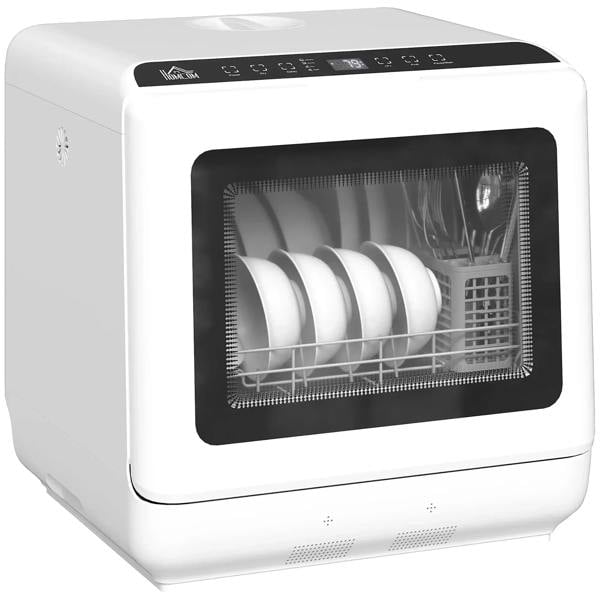 White tabletop dishwasher with front control panel and visible wash rack inside.