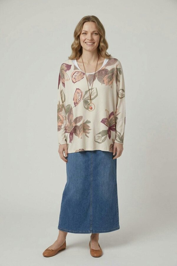 Izabel London Leaf Print Layered Long Sleeve Top - Stone