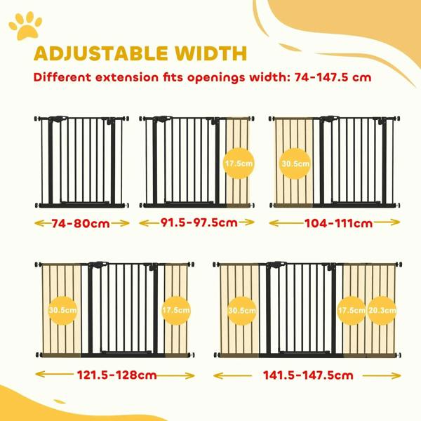 Adjustable width safety gate layout showing extension sizes and screw points