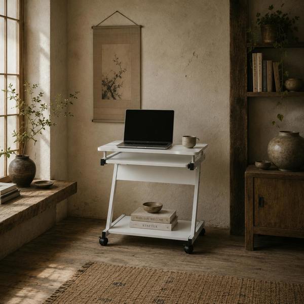 Wyld Haus Suel 60cm Wooden White Mobile Z Shaped Desk With Castor Wheels And Sliding Keyboard Tray