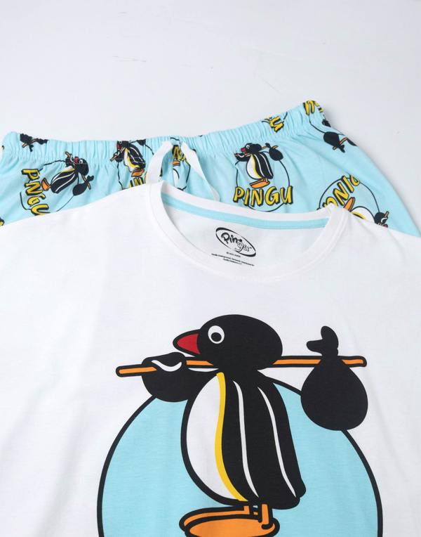 Pingu Womens Blue Character Short Sleeve Long Leg Pyjama Set