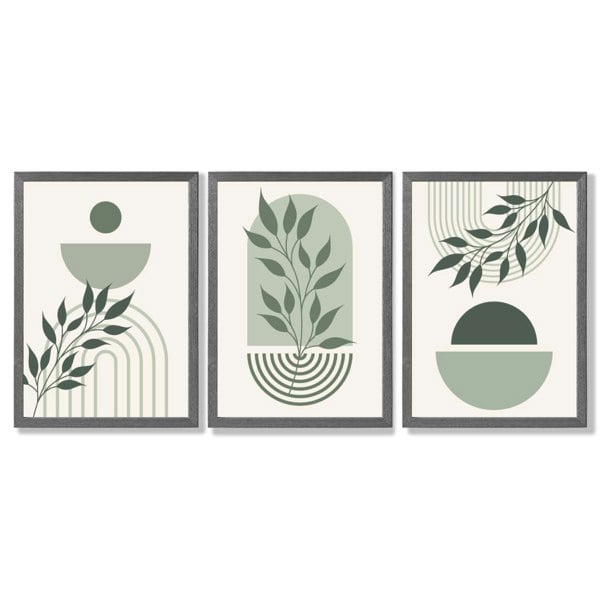 Set of 3 Boho Green and Beige Floral Framed Art Prints with Dark Grey Wooden Frames