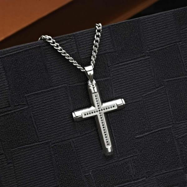 Large Cross Pendant Necklace for Men with Black Stones - namana.london