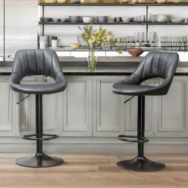 Rafaelo Mobilia 2PC Height Adjustable 360 PU Leather Swivel Bar Stools Set Black