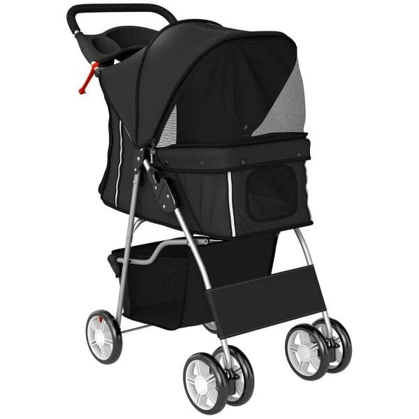 Dog Pram, Pet Stroller with Reflective Strips, Foldable Cat Stroller with 360° Swivel Wheels, Black