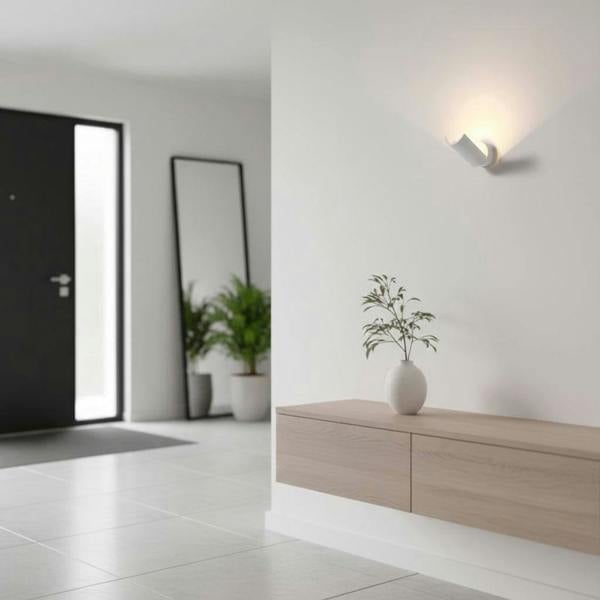 White wall uplighter indoor on a grey background in a hallway of a modern house