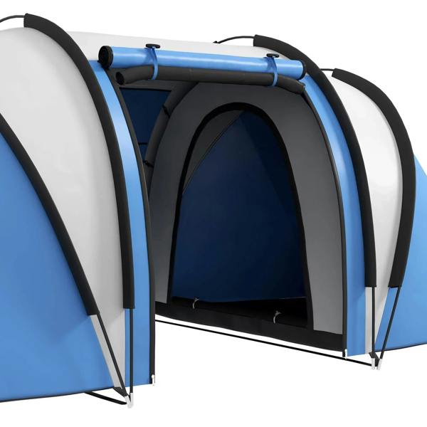 Close-up of blue dome tent entrance with black trim and doorway front panel