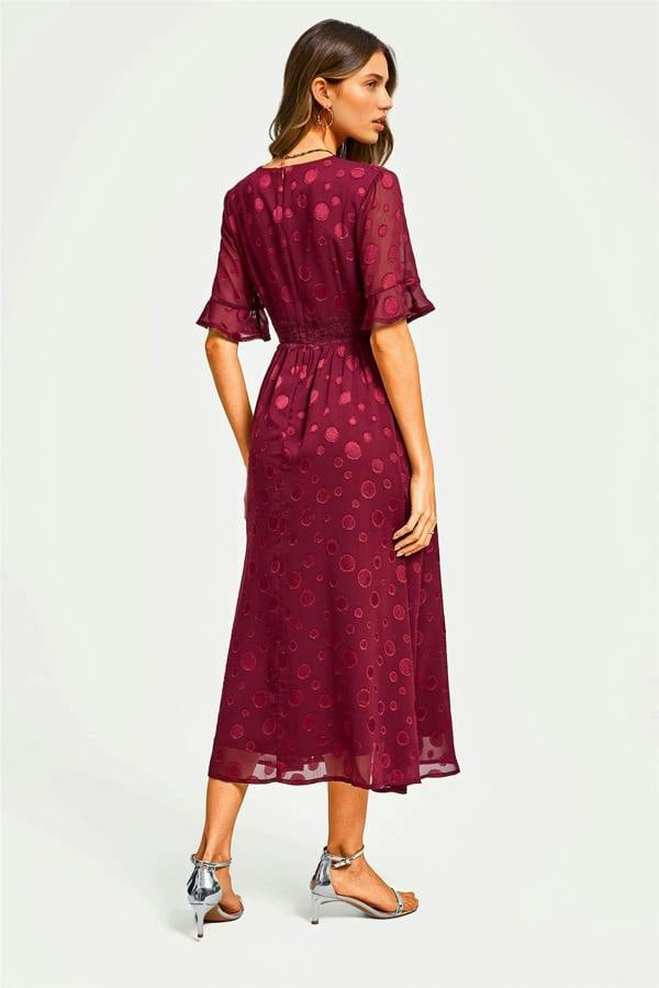 FS Collection Polka Dot Jacquard Long Sleeve Lace Trim V Neck Maxi Dress In Wine