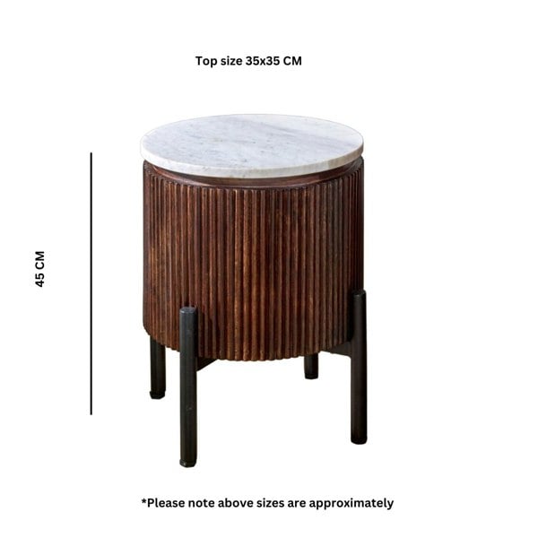 IH Design Miel Mango Wood Side Table With Marble Top & Metal Legs