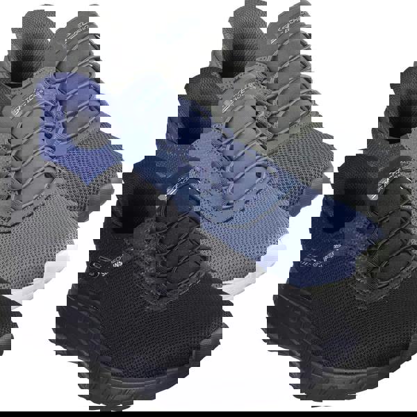 Skechers Bobs Squad Chaos Tough Walk Mens Slip-Ins Casual Trainers, showing three pairs in black, blue, and gray with breathable mesh upper and cushioned sole.