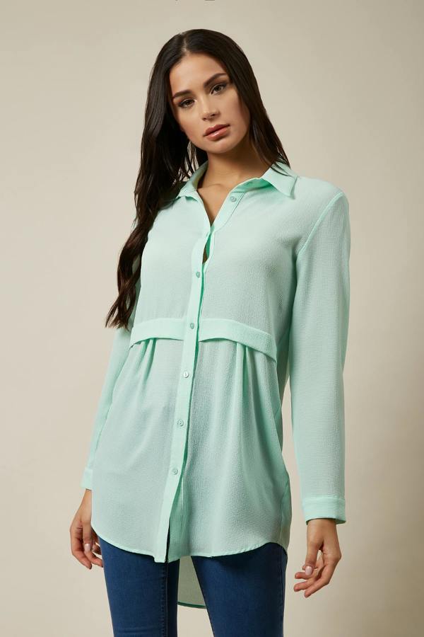 Hoxton Gal Long Sleeves Oversized Shirt In Mint Green