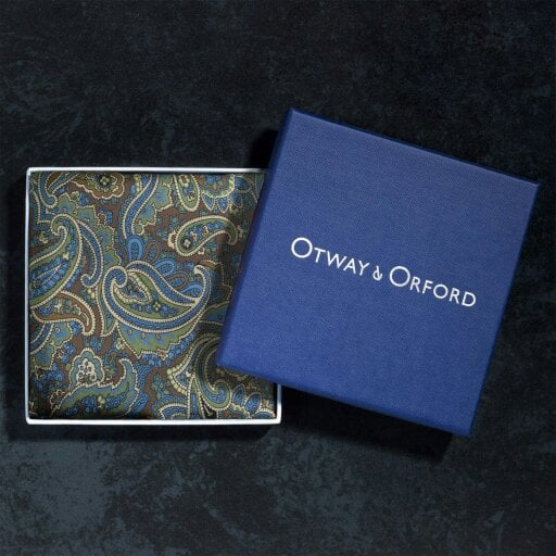 Otway & Orford 'Cypress' paisley silk pocket square in gold, brown, blue & green (42 x 42cm)