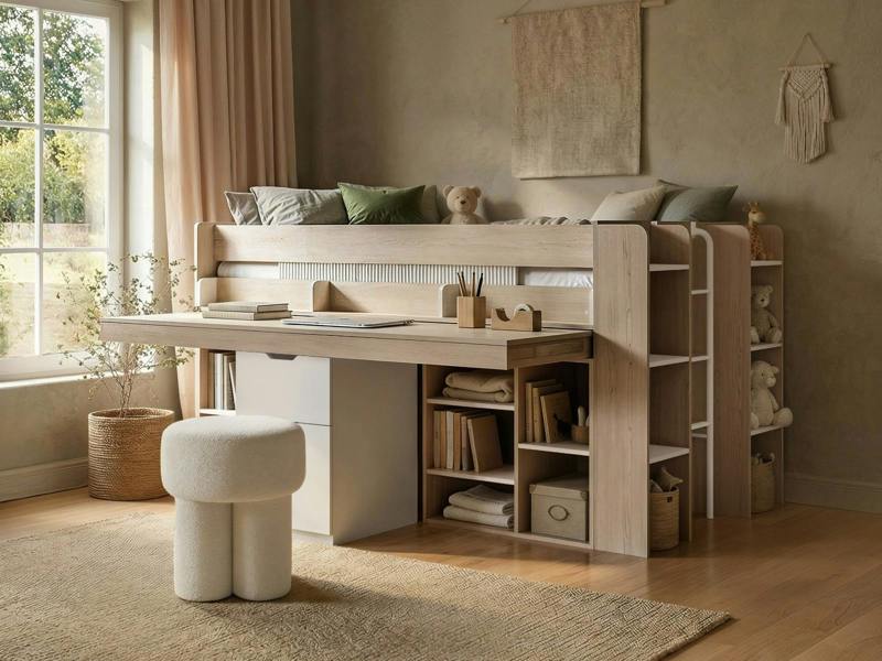 Flair Micah Mid Sleeper Bed with Desk Oak & White