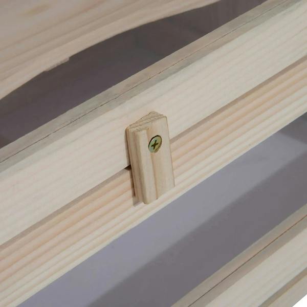 Natural wood cage door latch with metal hinge hardware
