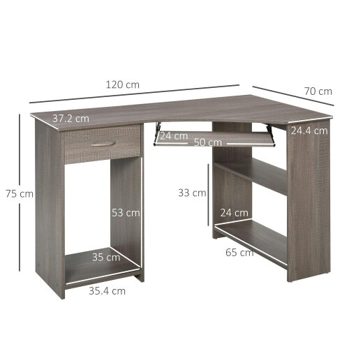 Wyld Haus Nifi 120cm Wooden Grey L Shaped Corner Desk With Keyboard Tray Drawers And Shelving