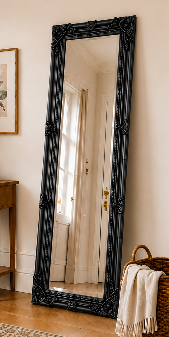 Downton Interiors Antique Style Black Tall Ornate Dressing Wall Mirror with Bevelled Glass 142cm