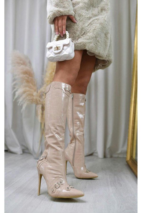 Jessie Knee High Heeled Boots - Nude