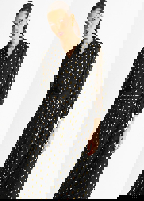 Gini London Black Chiffon Foil Belted Maxi Shirt Dress