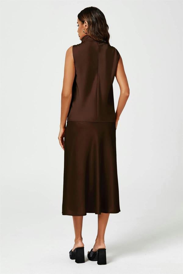 FS Collection Satin High Neck Sleeveless Blouse In Brown