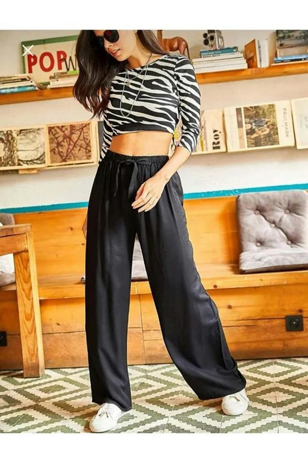 Hoxton Gal Basic Belted Woven Viscose Palazzo Pants