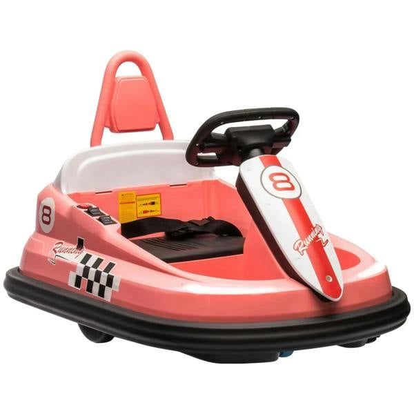 Pink electric kids bumper car with white steering column and black base