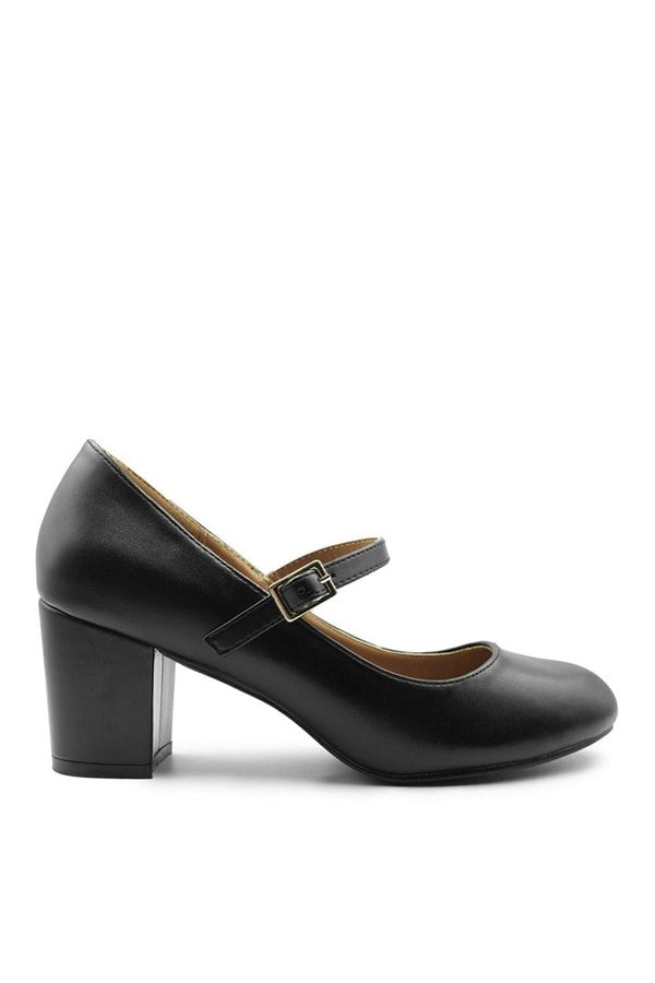 Where's That From Araceli Extra Extra Wide Fit Block Heel Mary Jane Pumps in Black Faux Leather