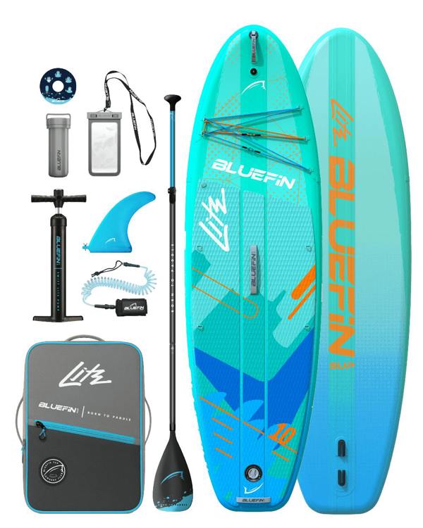 Bluefin lite paddle board set with accessories, a bag, pump, universal fin, ankle leash, waterproof phone case, repair kit, bottle dock and paddle