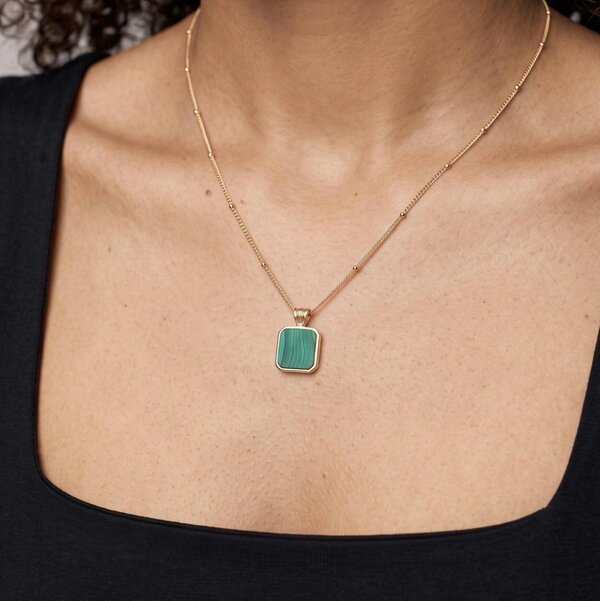 Uchi & Soto Shikaku Solid 925 silver with 18K Gold Vermeil and Malachite Square Necklace
