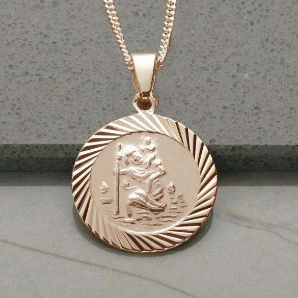 Christopher James of London 9ct Rose Gold Plated 20mm Diamond Cut St Christopher Pendant With Optional Personalisation and Chain