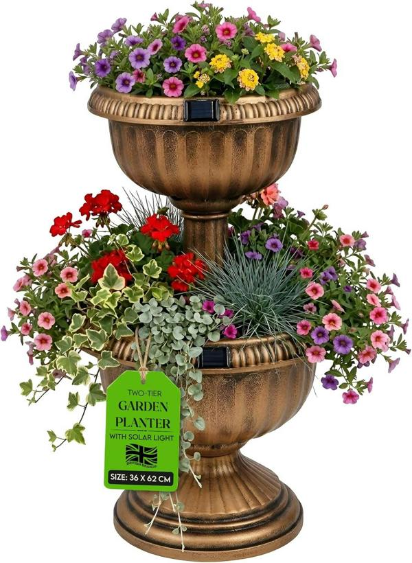 My Garden Outdoor Living MY Garden Planter 2 Tier with Solar Powered 8 LEDs-Tower Flower Planter with Bronze Antique Effect-Weather Resistant