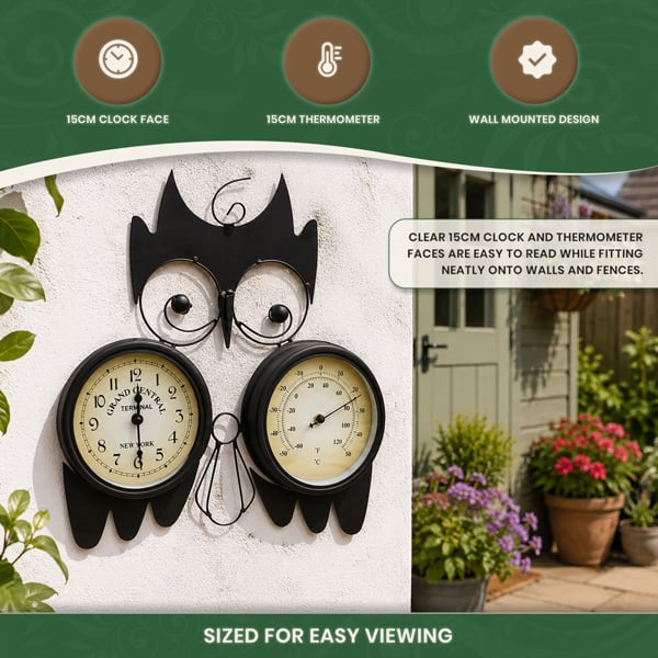 Owl Design Clock with Thermometer in Black Metal, Wall Mounted Indoor or Outdoor Feature with Mounting Bracket, 15cm Clock Face