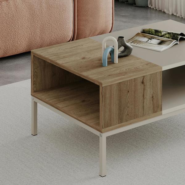 Decortie Modern Rectangular Coffee Table with Dual-Side Open Shelf Storage, Living Room, Office, Metal Legs